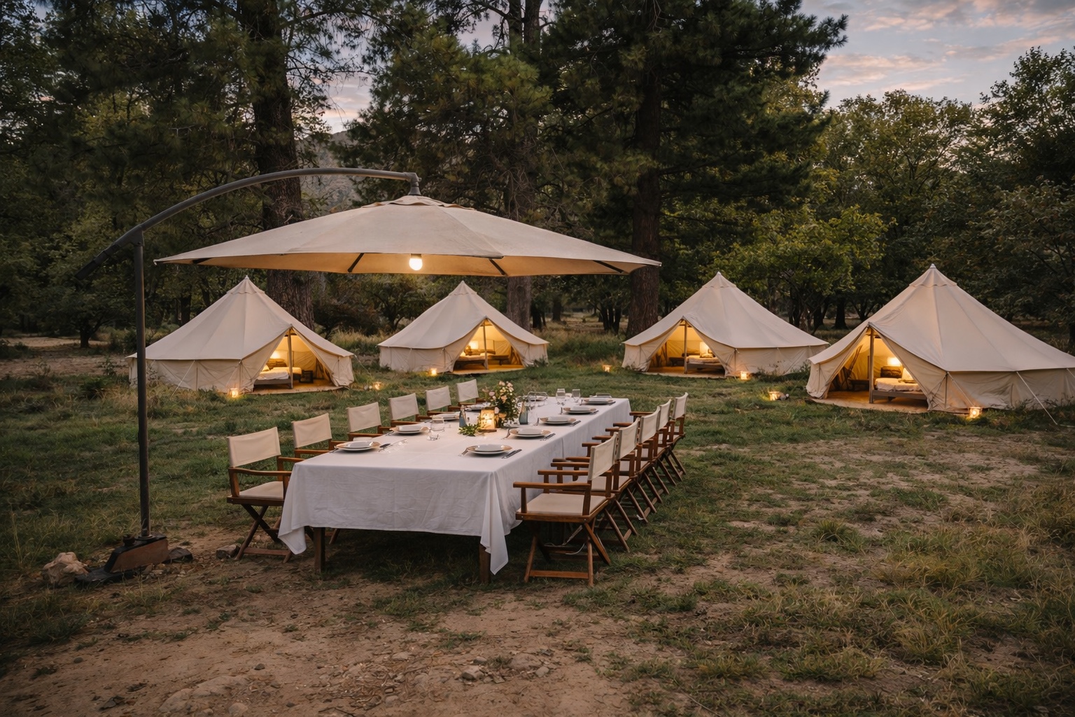 Bell tents around a communal dining table in camp