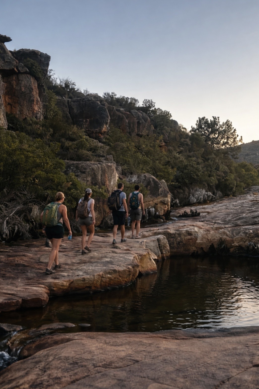 Guests hiking beside a rock pool canyon